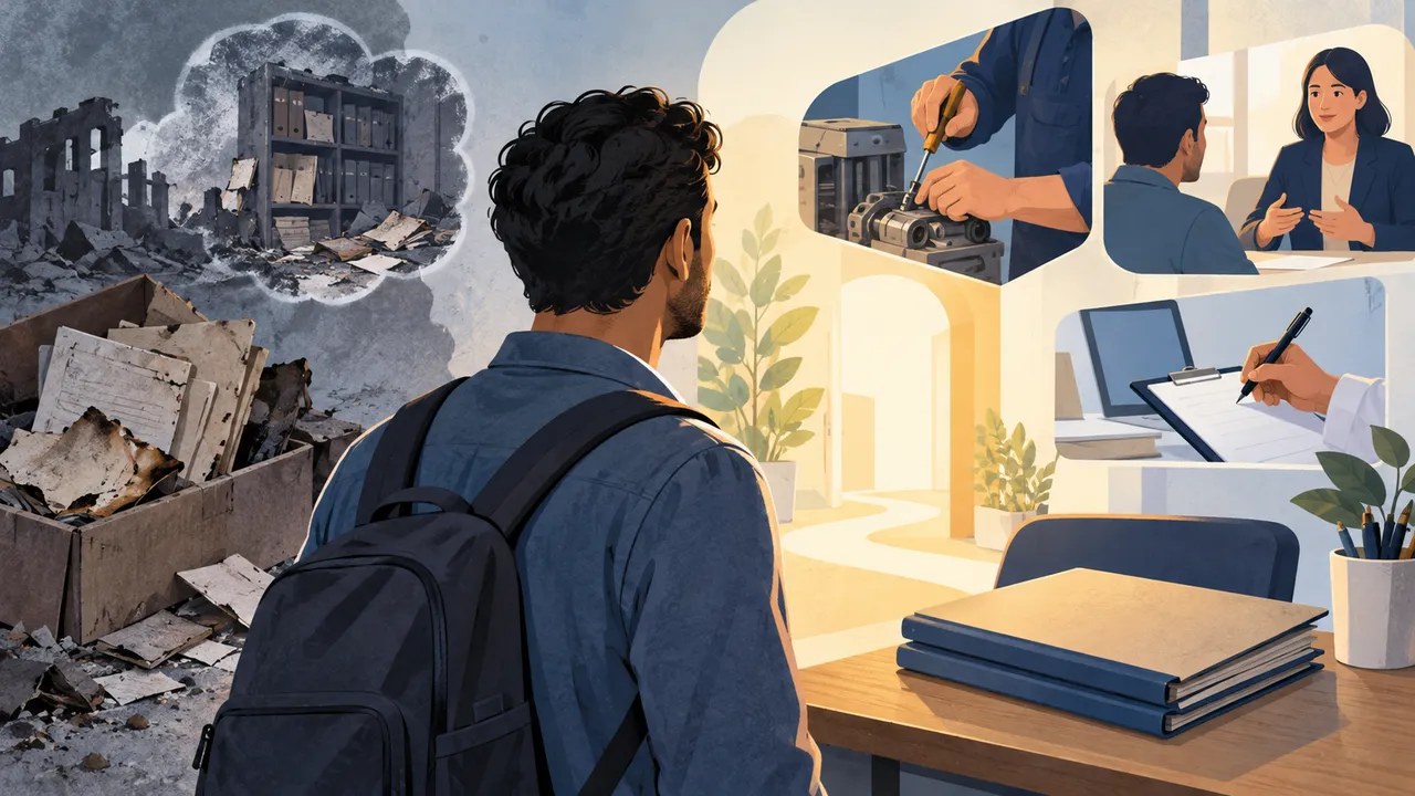 Person mit Mappe zwischen Symbolen für fehlende Unterlagen und Kompetenzprüfung — Illustration