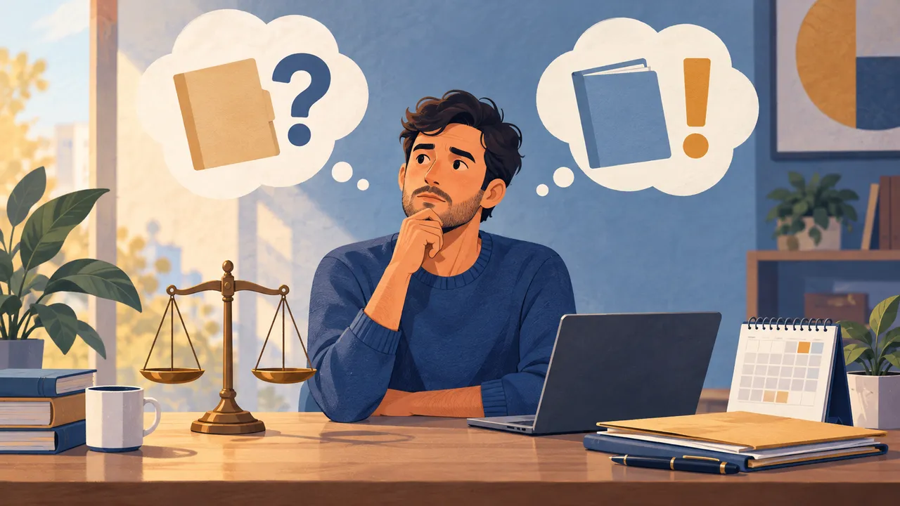 Person neben Mappen mit Frage- und Ausrufezeichen — Illustration