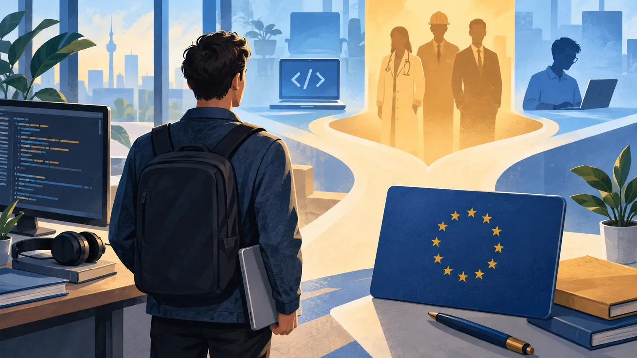Person vor beruflichen Wegen mit Computern und symbolischer blauer Karte — Illustration