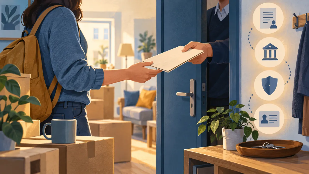 Person erhält ein Dokument neben Umzugskartons und Schlüsseln — Illustration