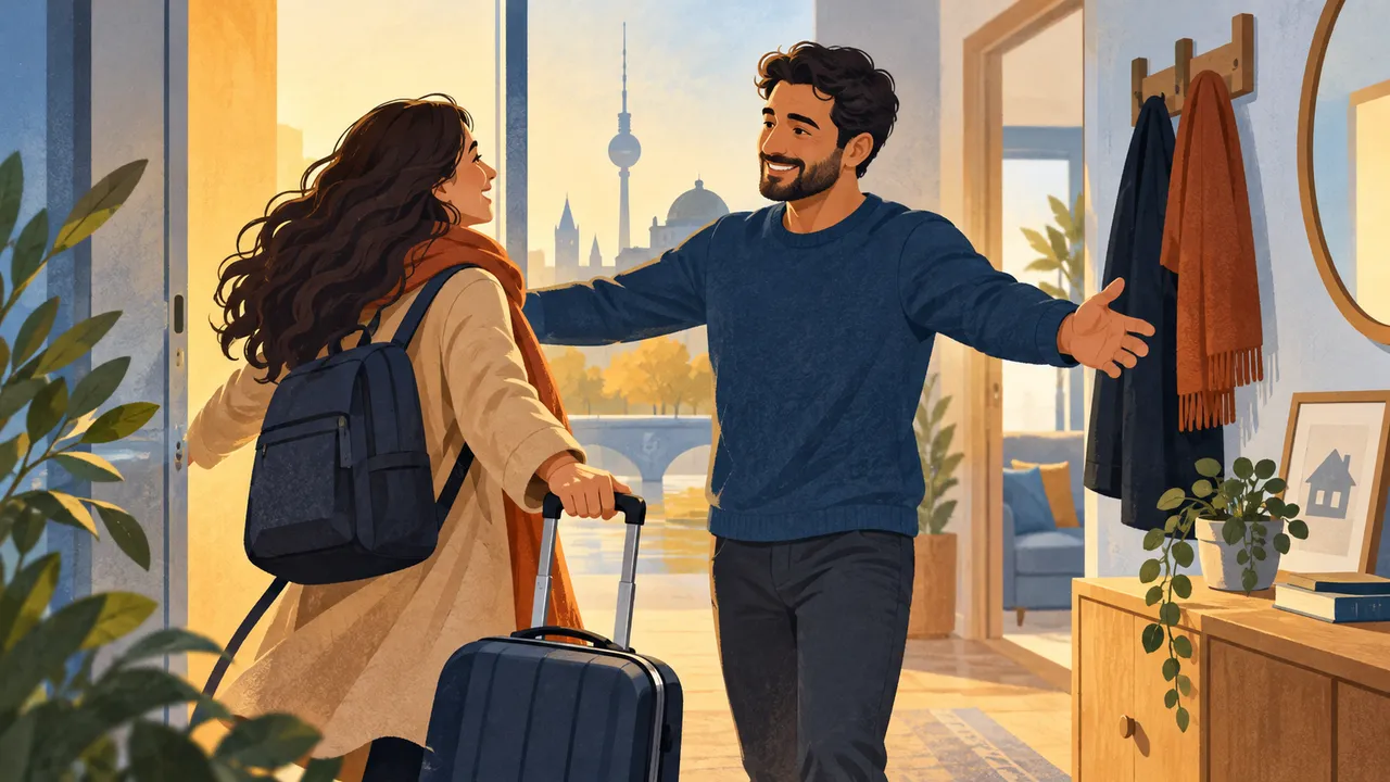 أسرة مع أمتعة ورموز للسفر والمعاملات — رسم توضيحي