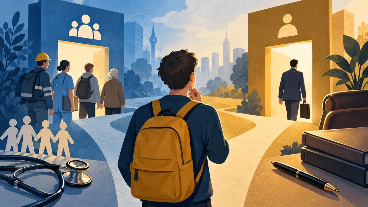 Person vor zwei symbolischen Krankenversicherungswegen — Illustration