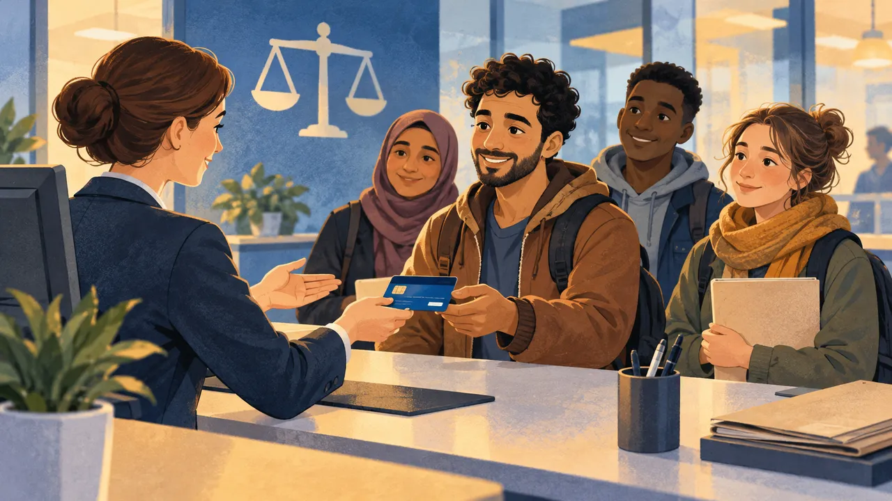 Personen prüfen Unterlagen mit einer symbolischen Bankkarte — Illustration
