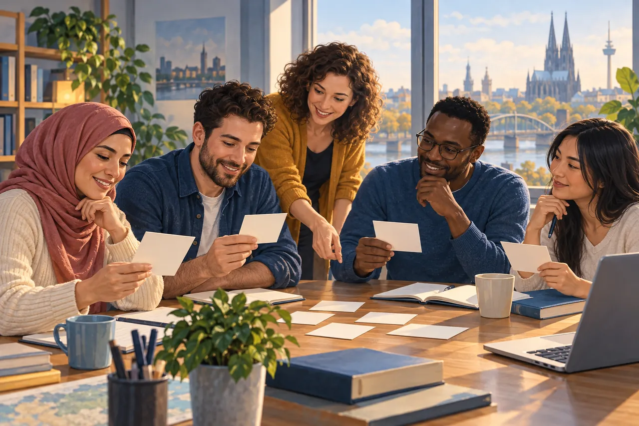Group learning beside communication-integration symbols — editorial illustration