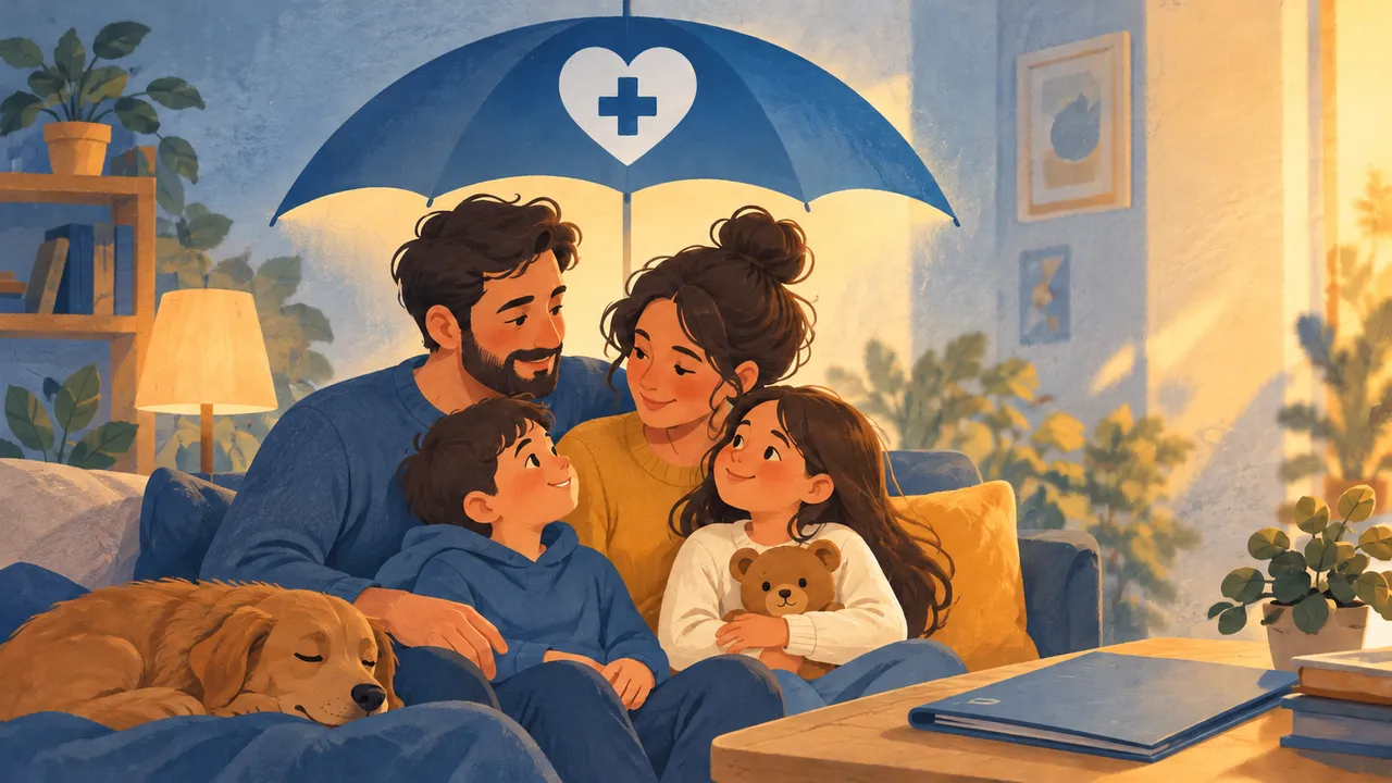 Familie unter einem symbolischen Schirm mit Gesundheitszeichen — Illustration