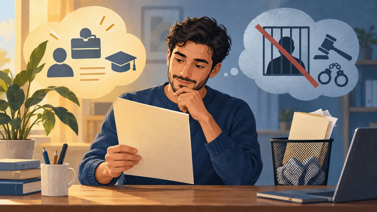 Person liest ein Dokument neben Arbeits- und Justizsymbolen — Illustration
