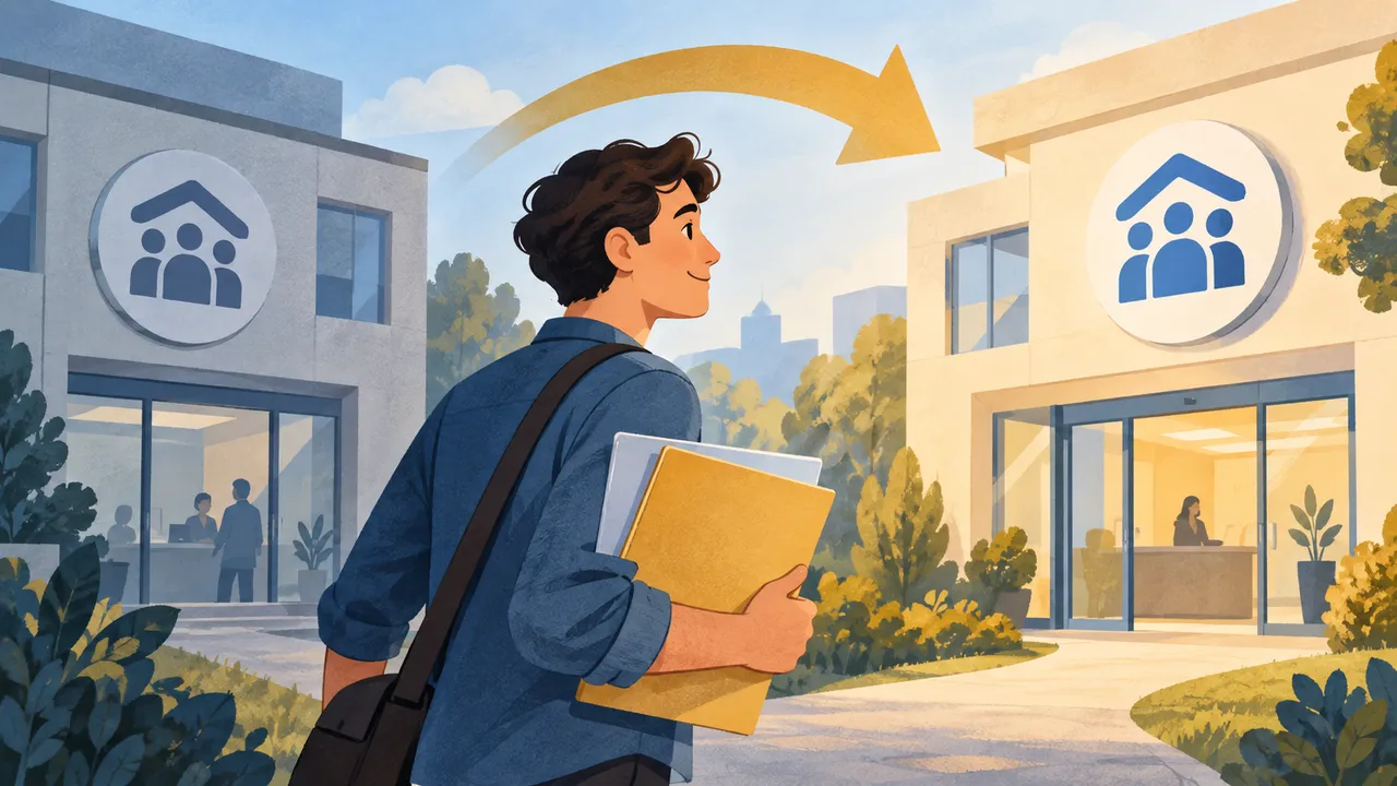 Person mit Mappe zwischen zwei symbolischen Versicherungsgebäuden — Illustration