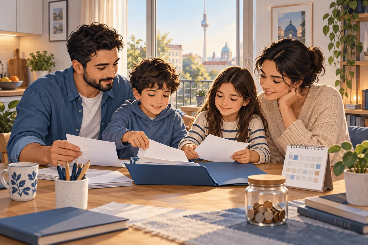 Eltern und zwei Kinder sehen Unterlagen am Tisch zu Hause an — Illustration