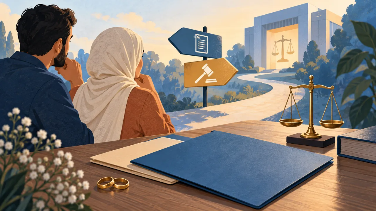 زوجان يراجعان شؤون الأسرة والسكن — رسم توضيحي