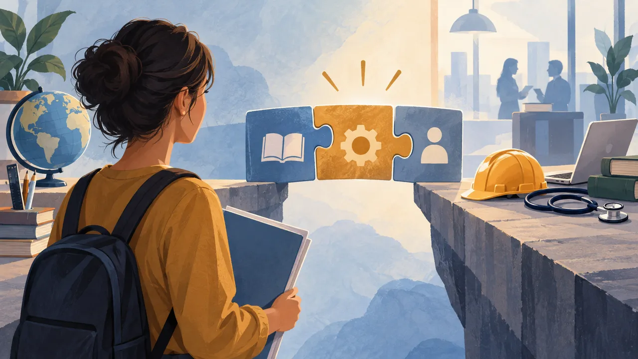 Person mit Mappe und Symbolen für Qualifikation und Berufe — Illustration