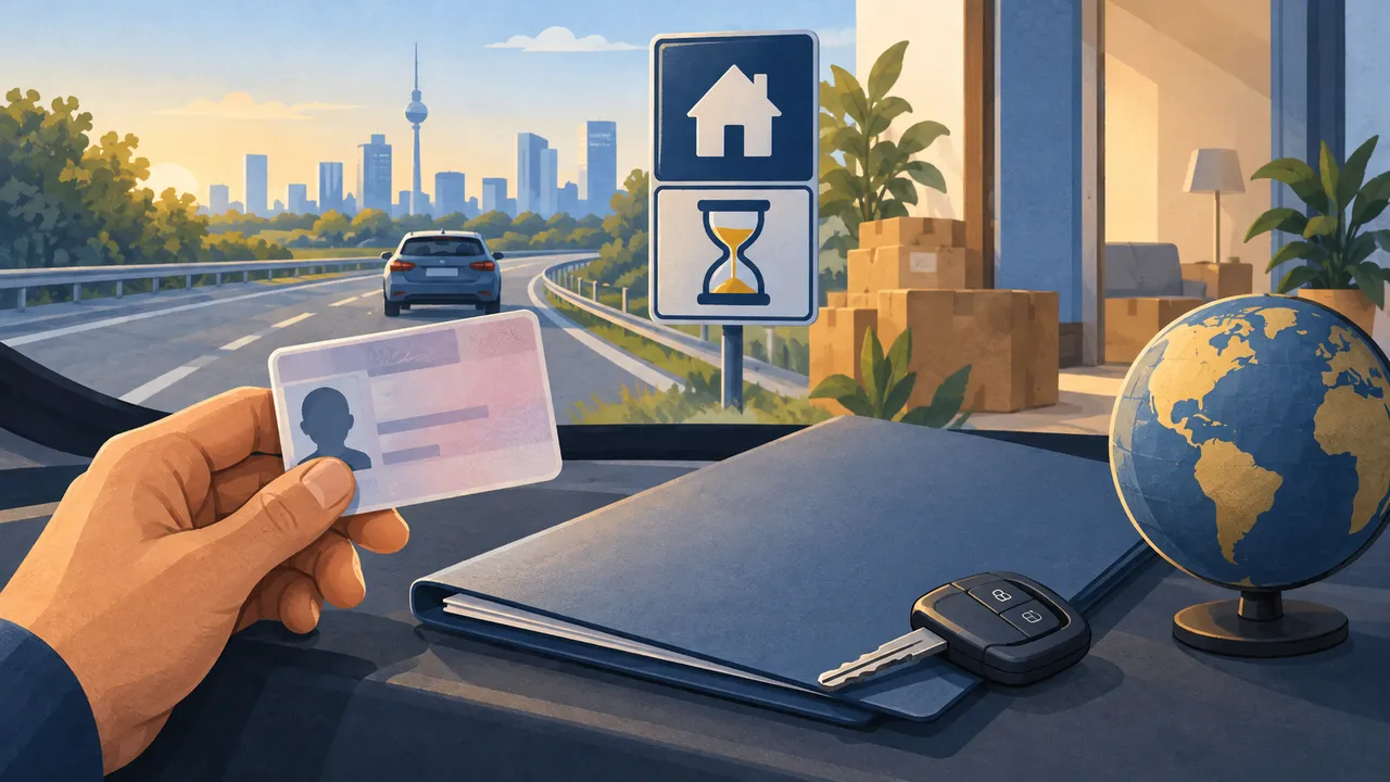 Hand mit einer symbolischen Karte neben Autoschlüsseln und Straße — Illustration