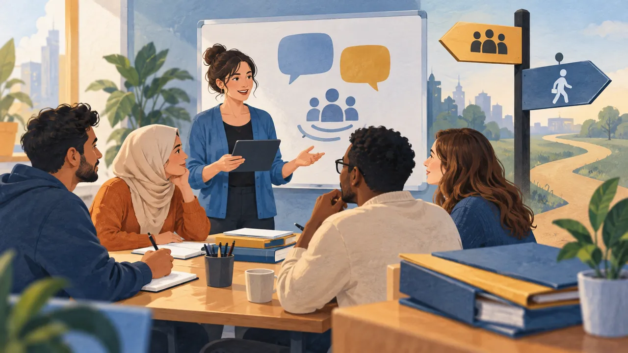 مجموعة تتعلم مع رموز للتواصل والاندماج — رسم توضيحي