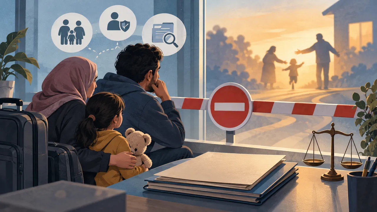 Familie neben Schranke, Mappe und Justizsymbolen — Illustration