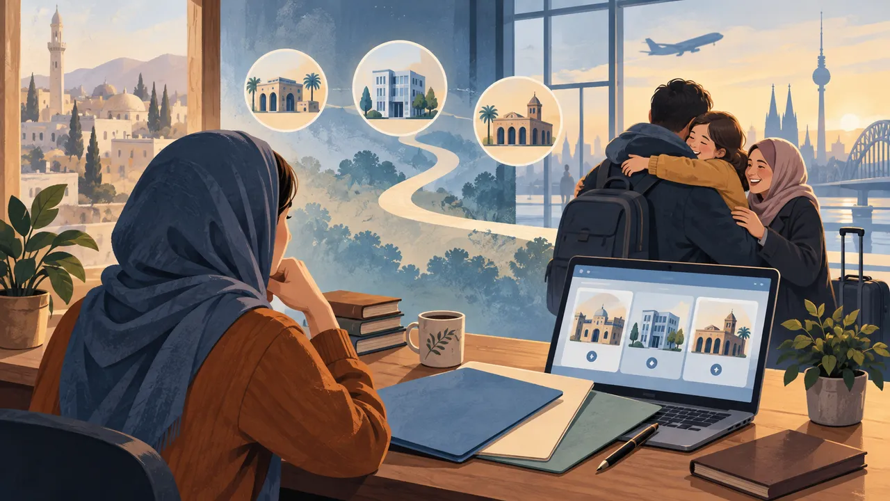 Familie mit Gepäck und Symbolen für Reiseunterlagen — Illustration