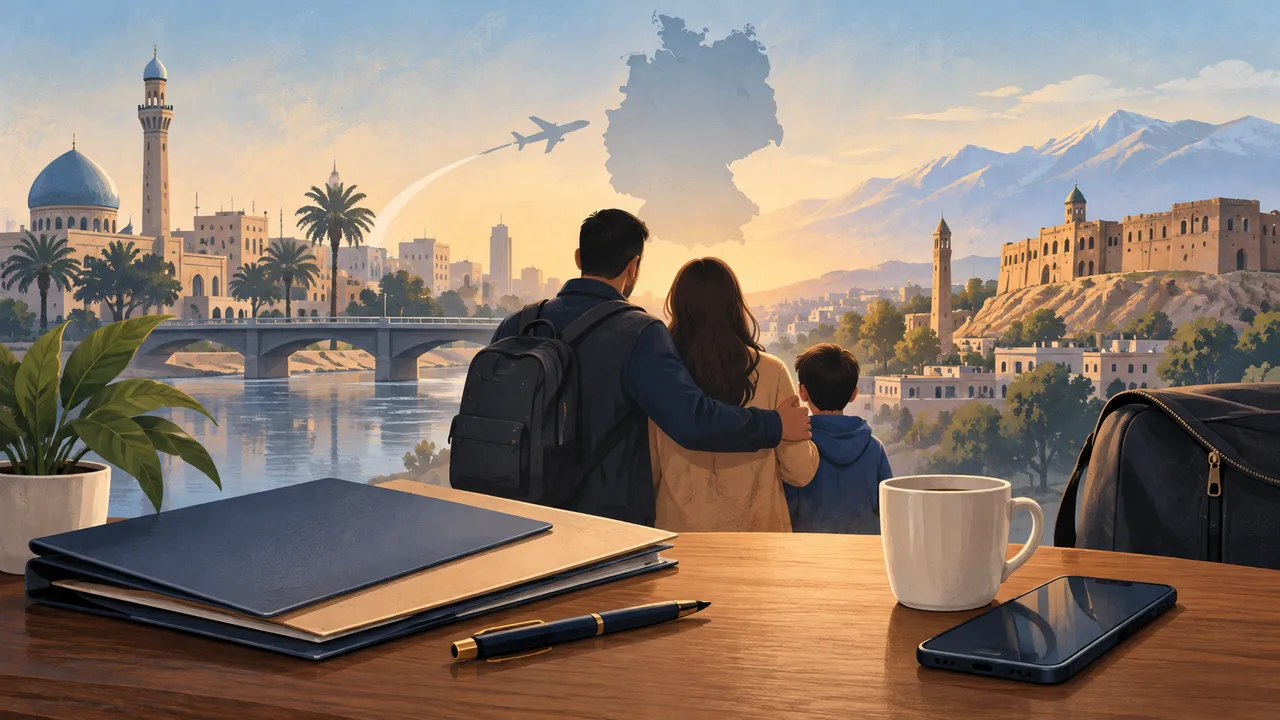Familie mit Gepäck und Symbolen für Reiseunterlagen — Illustration