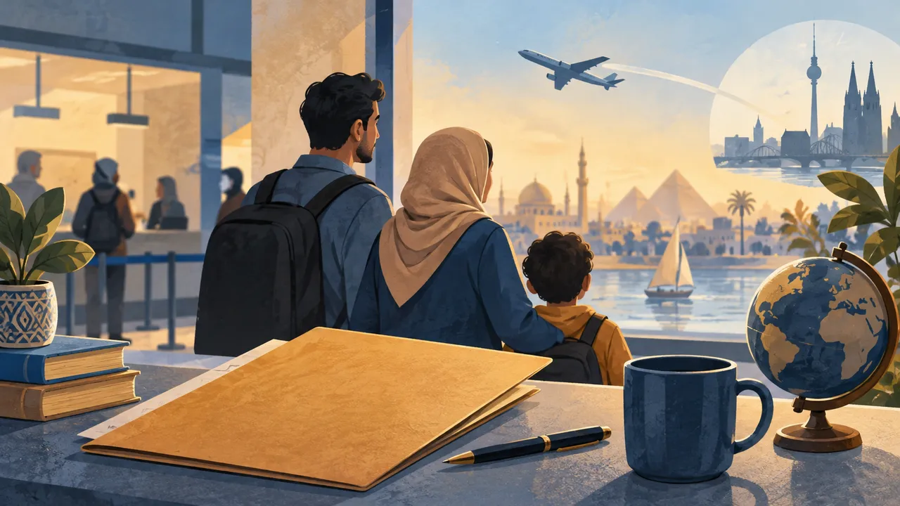 Familie mit Gepäck und Symbolen für Reiseunterlagen — Illustration