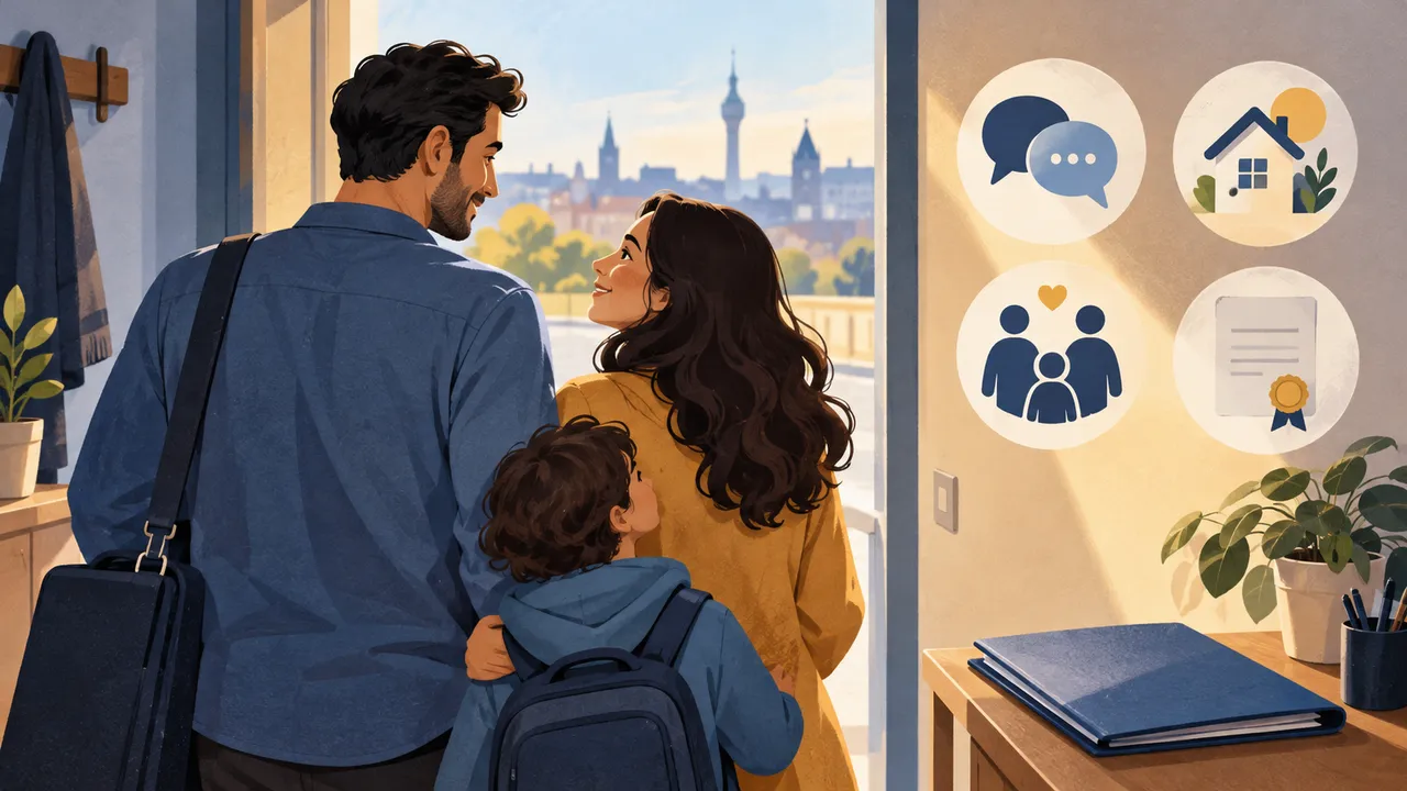 Familie mit Gepäck und Symbolen für Reiseunterlagen — Illustration