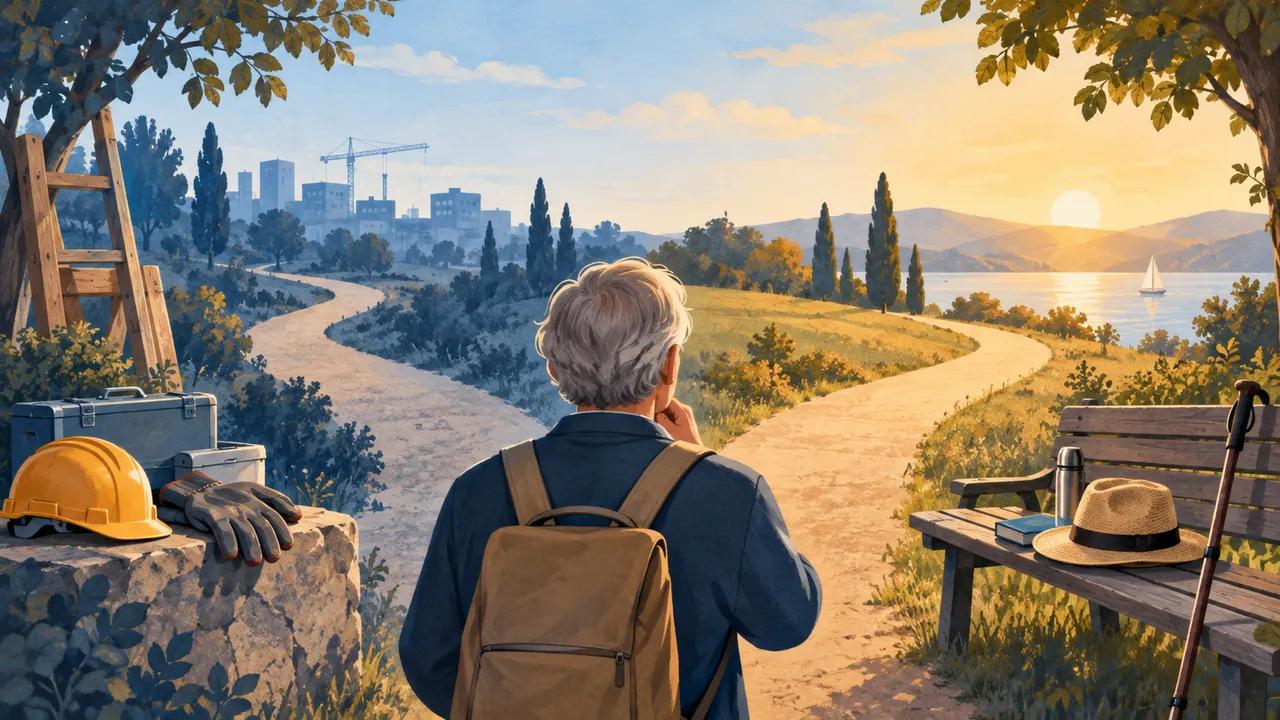 شخص مسن أمام مسارين بجوار أدوات عمل — رسم توضيحي