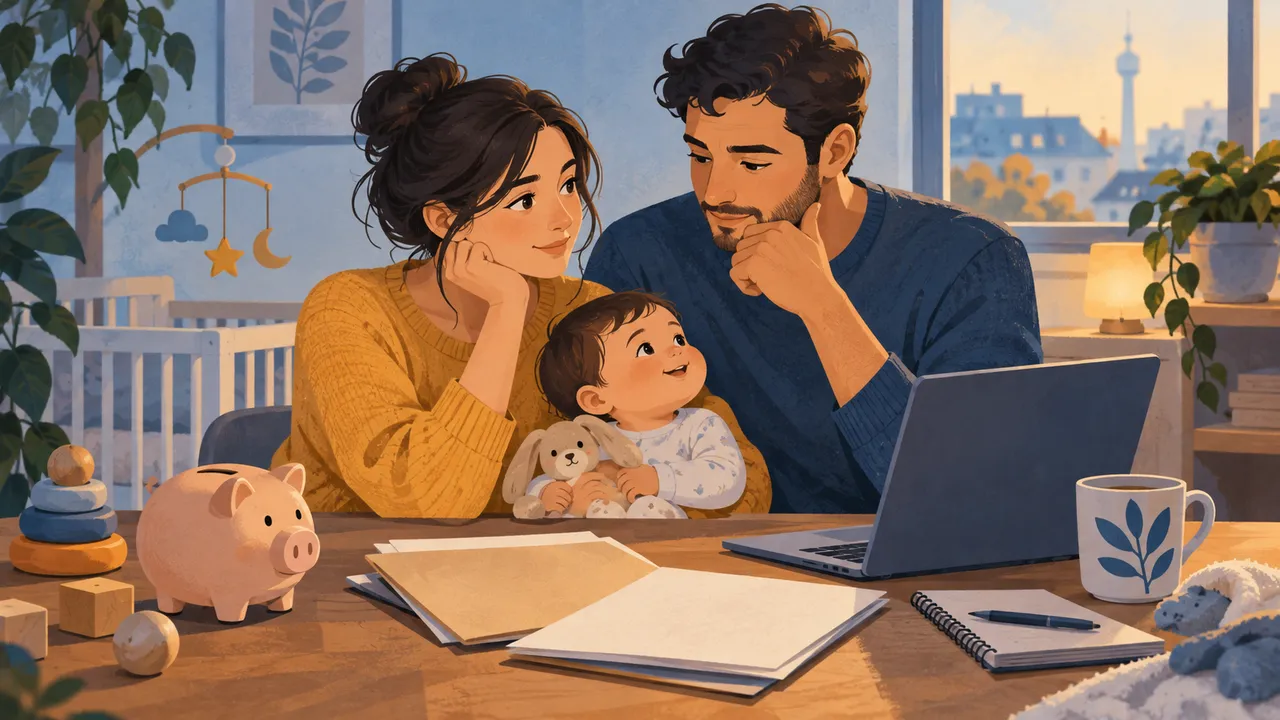 أسرة تراجع أوراقًا وحاسوبًا في المنزل — رسم توضيحي