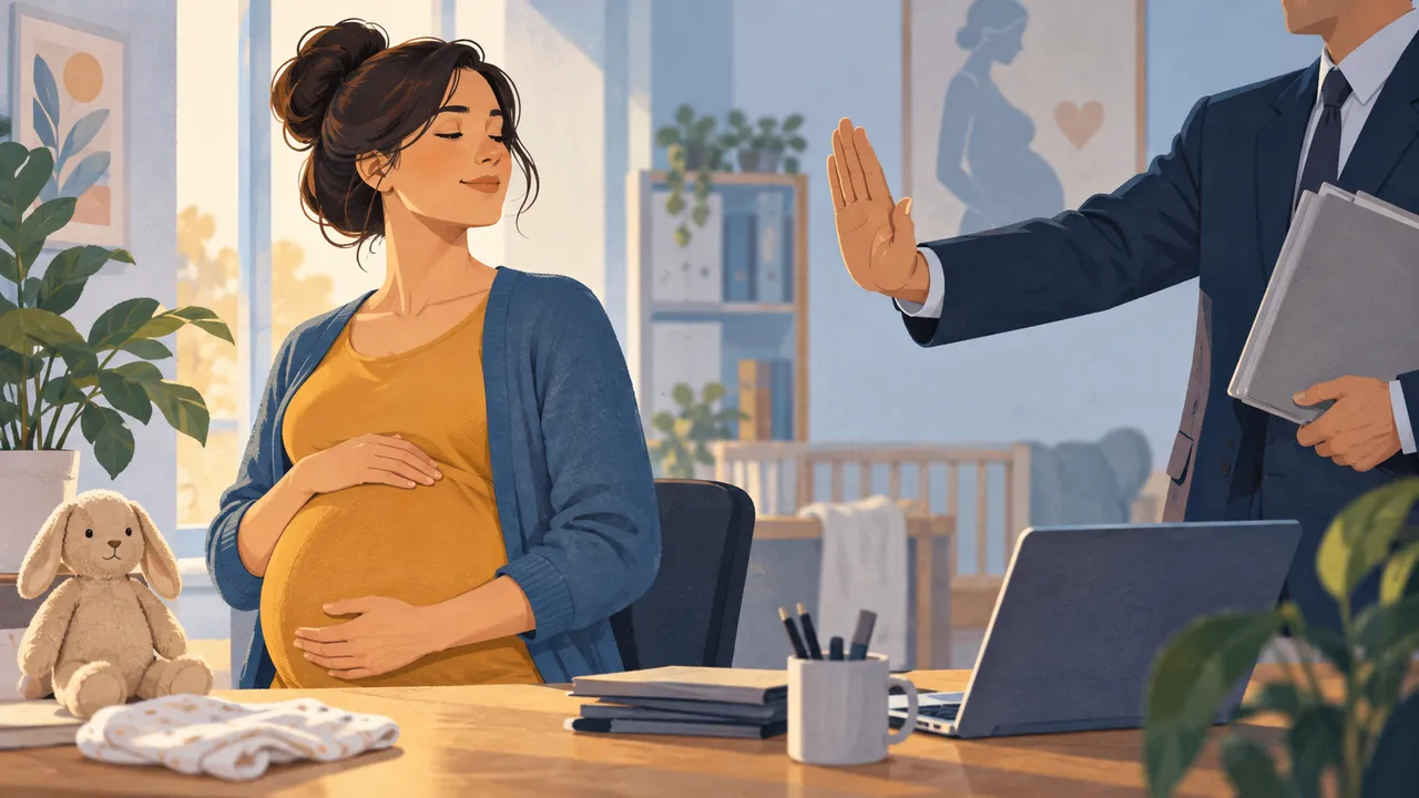 امرأة حامل قرب ملف عمل ورمز للحماية — رسم توضيحي