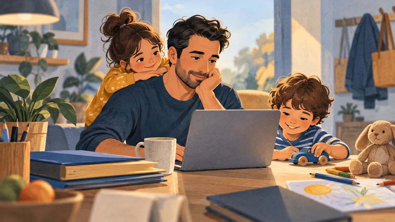 أب أمام حاسوب محمول وطفلان بجانبه في المنزل — رسم توضيحي