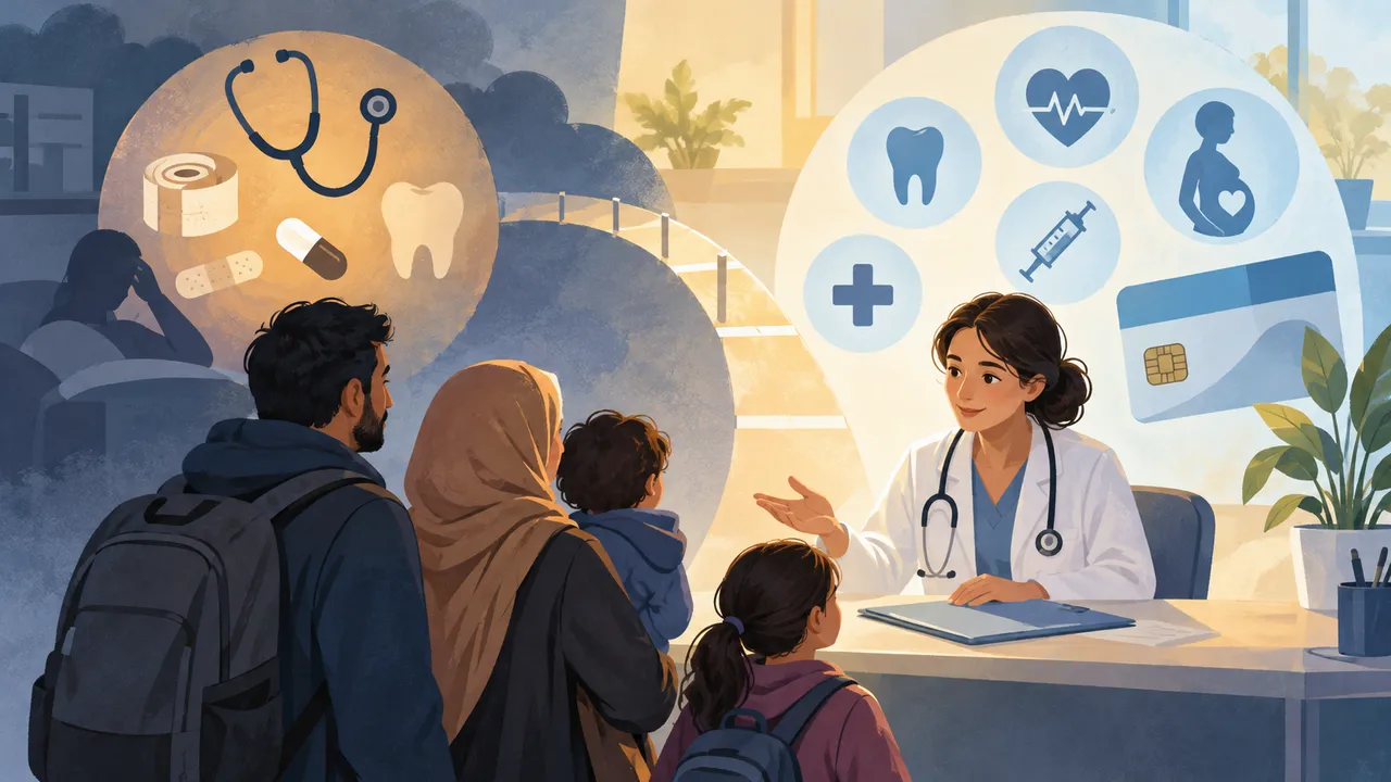 Familie im Gespräch mit einer Person in medizinischer Kleidung — Illustration