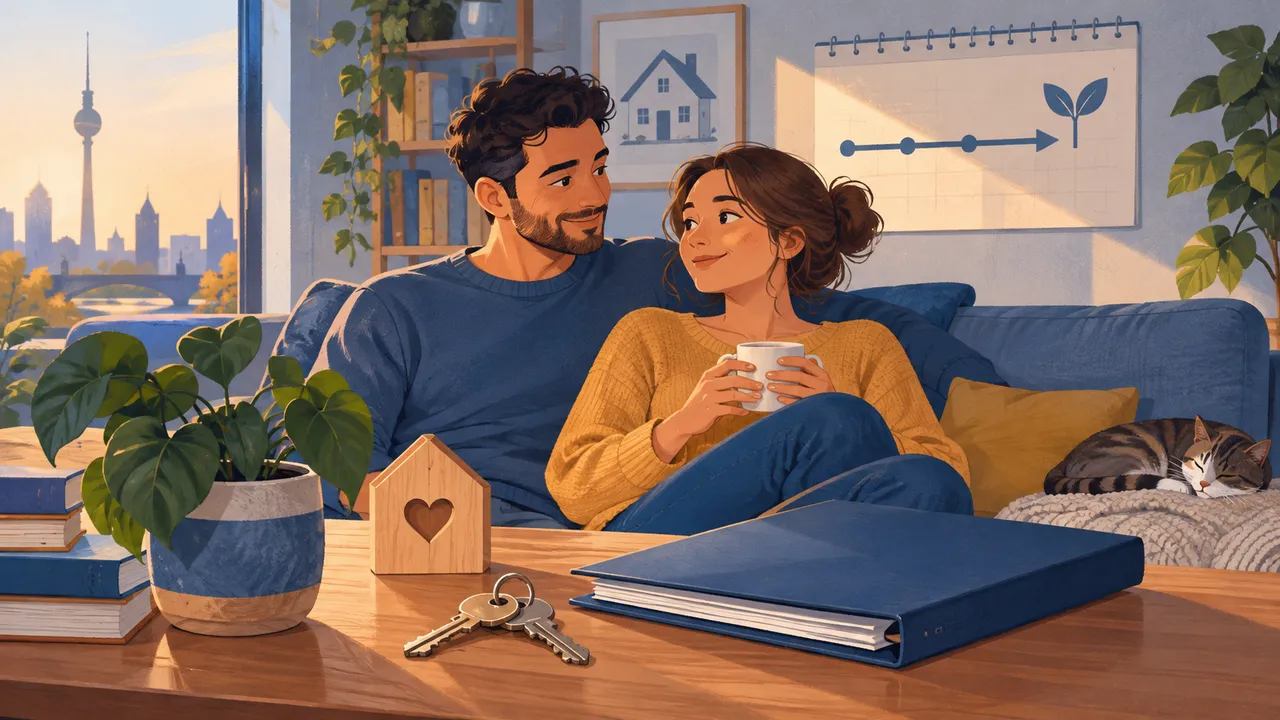 زوجان يراجعان شؤون الأسرة والسكن — رسم توضيحي