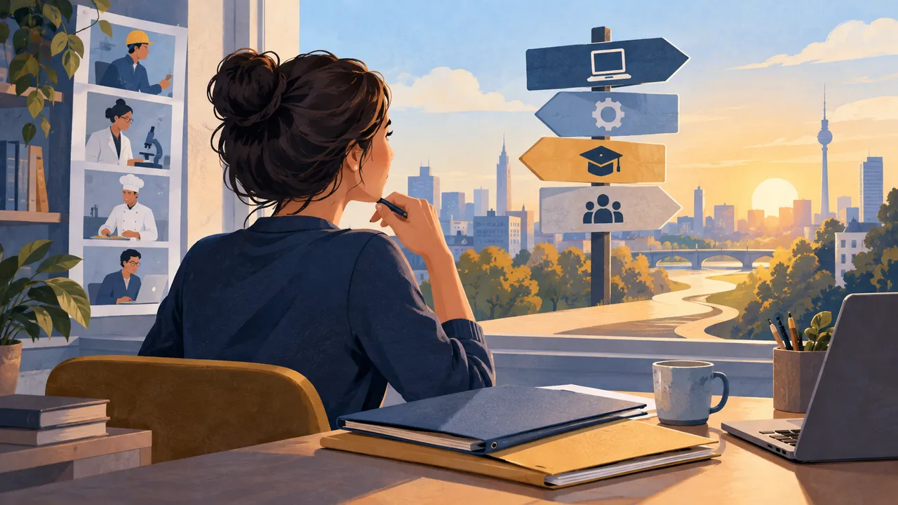شخص يراجع ملفًا أمام مسارات ورموز مهنية — رسم توضيحي