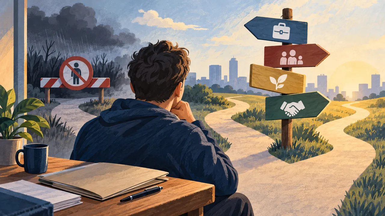 شخص أمام مسار للعمل ورموز للأسرة والدخل — رسم توضيحي