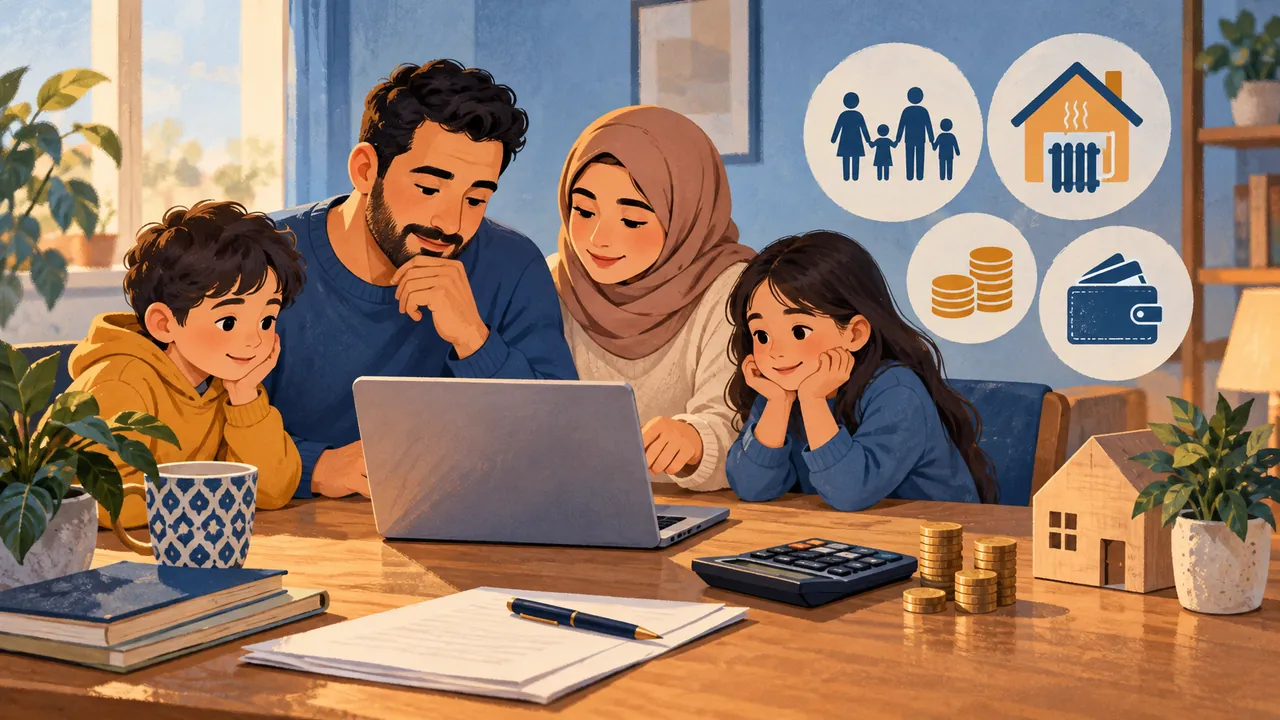 أسرة تراجع أوراقًا وحاسوبًا في المنزل — رسم توضيحي