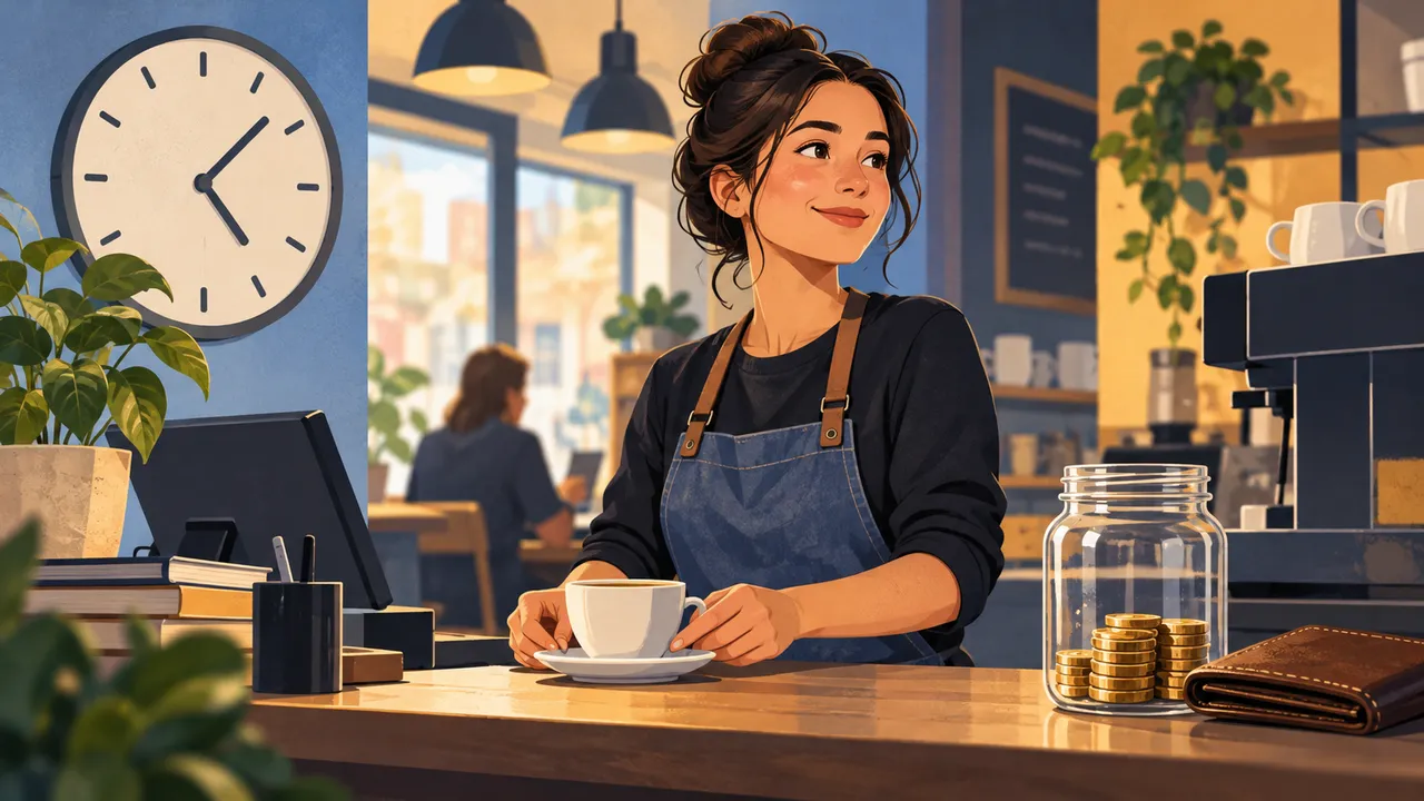 عاملة في مقهى مع ساعة وتقويم — رسم توضيحي