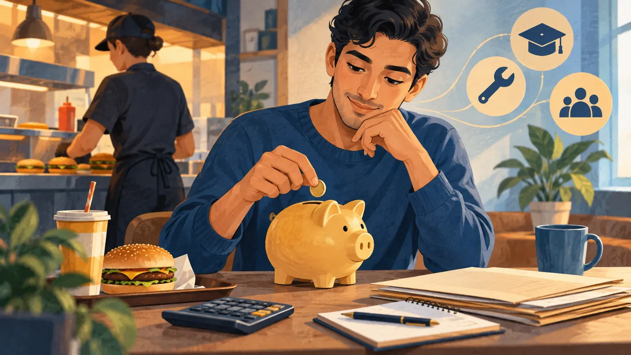 شخص يراجع أوراقًا مع حصالة وتقويم — رسم توضيحي