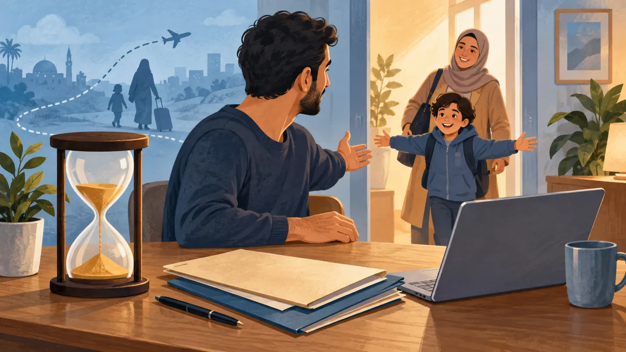 أسرة مع أمتعة ورموز للسفر والمعاملات — رسم توضيحي