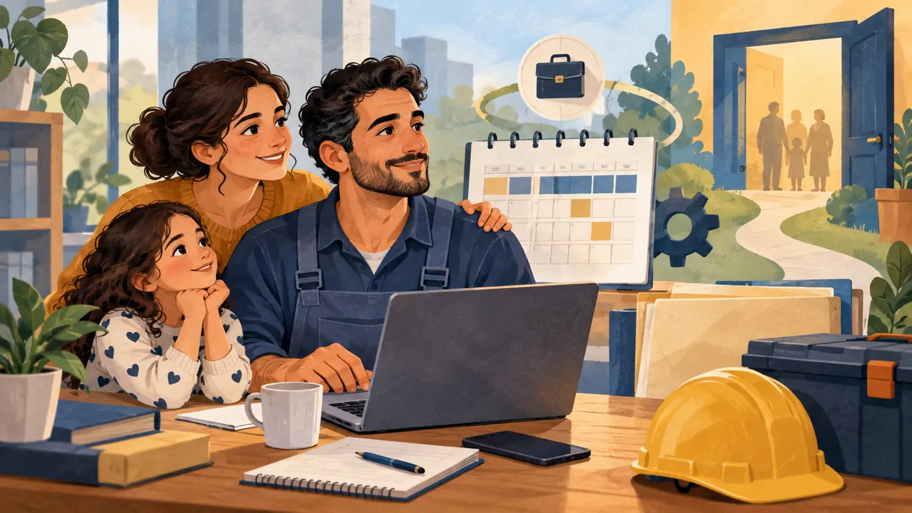 أسرة تراجع ملفًا قرب حاسوب وخوذة عمل — رسم توضيحي