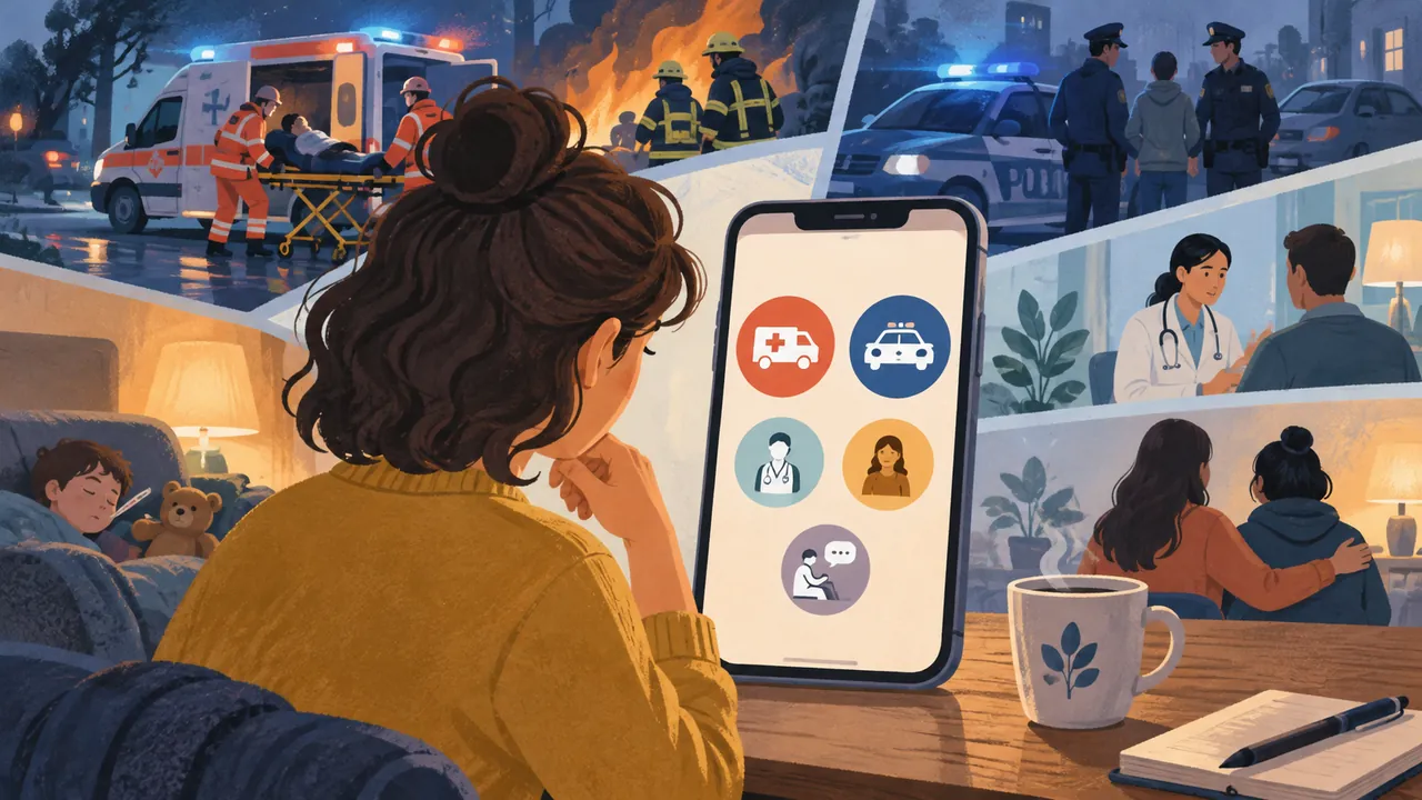 هاتف يعرض رموزًا للإسعاف والشرطة والخدمات الطبية — رسم توضيحي